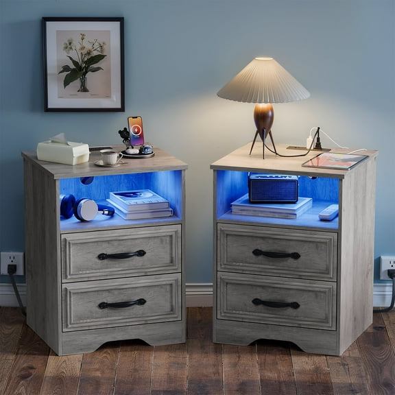 Duerer End Tables Set of 2 with Charging Station & LED Lights, Modern Nightstand Bedside Table with Drawers for Bedroom, Side Tables for Living Room, Gray