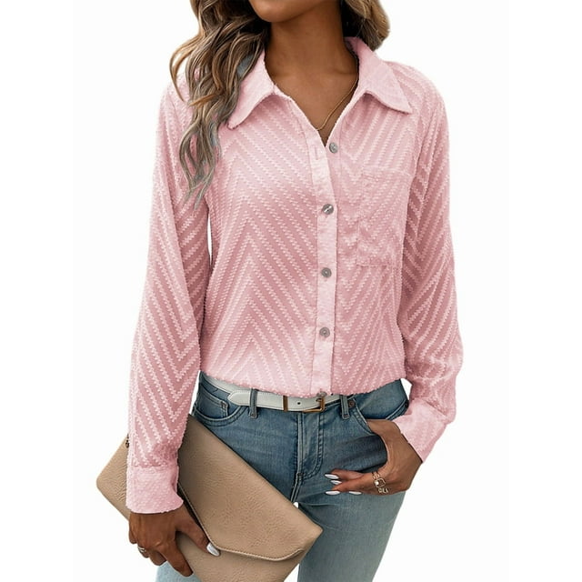 Camisas de Mujer con Botones, Larga, Cuello en V, Estilo Informal de Negocios, Blusas Lisas. Rosa S