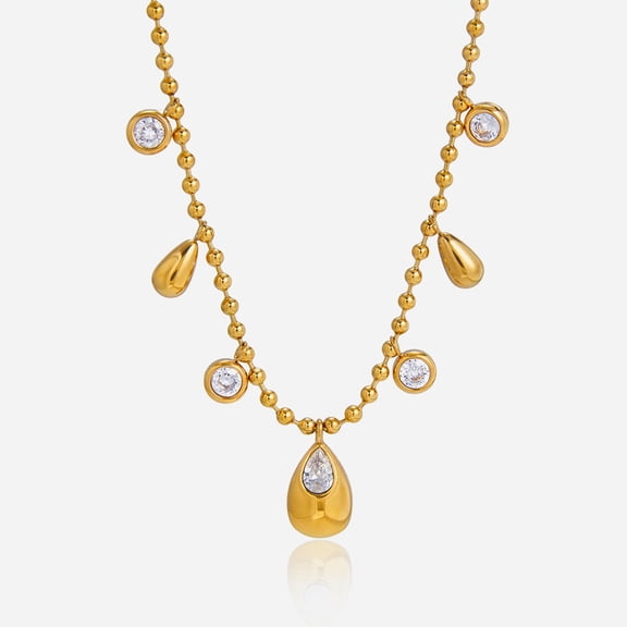 Women’s 18K Gold Plated Teardrop Pendant Necklace, Cubic Zirconia Charm Necklace, Dainty Beaded Chain Jewelry, Adjustable Elegant Gift for Her