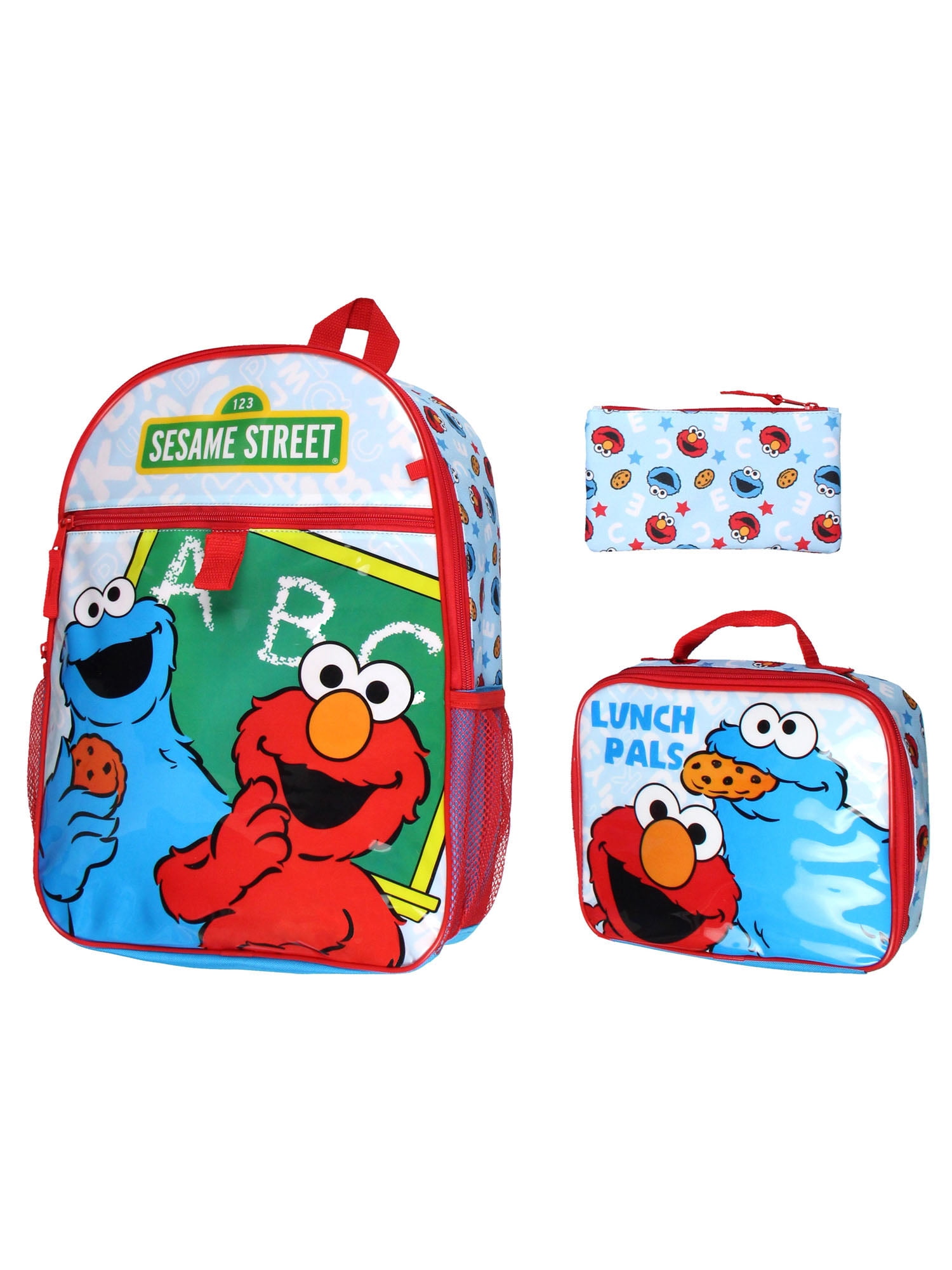 Sesame Street ABC Cookie Monster Elmo 3 PC Backpack Lunch Box Pencil Pouch 16"