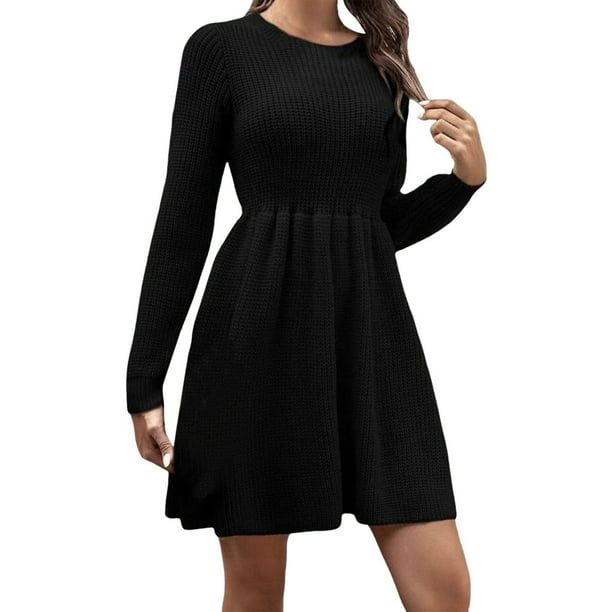 Vestido de punto de color liso para mujer, manga larga y largo midi. Cómodo y versátil para todas las estaciones. Tallas: S-XL.