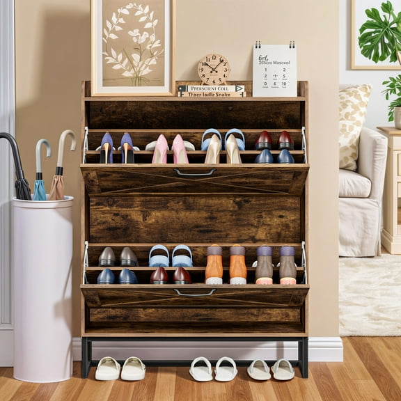 ZENY Shoe Storage Cabinet with 2 Flip Drawers, Freestanding Shoe Organizer Cabinet, Shoe Rack with Open Storage for Entryway, Foyer and Hallway, Rustic Brown