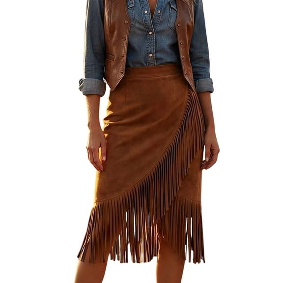 XIAONU Womens Suede Fringe Midi Skirt High Waist Asymmetrical Wrap Hem Skirt Western Cowgirl Festival Party Skirt