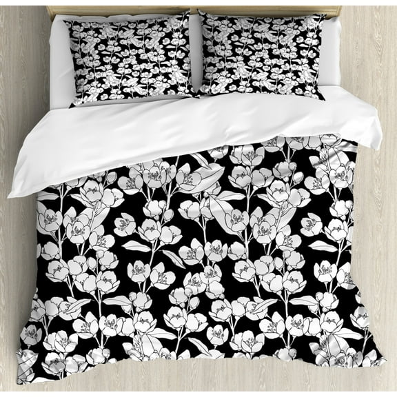 Jasmine Duvet Cover Set Queen Size, Freshly Blossoming Jasmine Branches Designed as Silhouette Flowers Monochrome, Decorative 3 Piece Bedding Set with 2 Pillow Shams, Black White, by Ambesonne