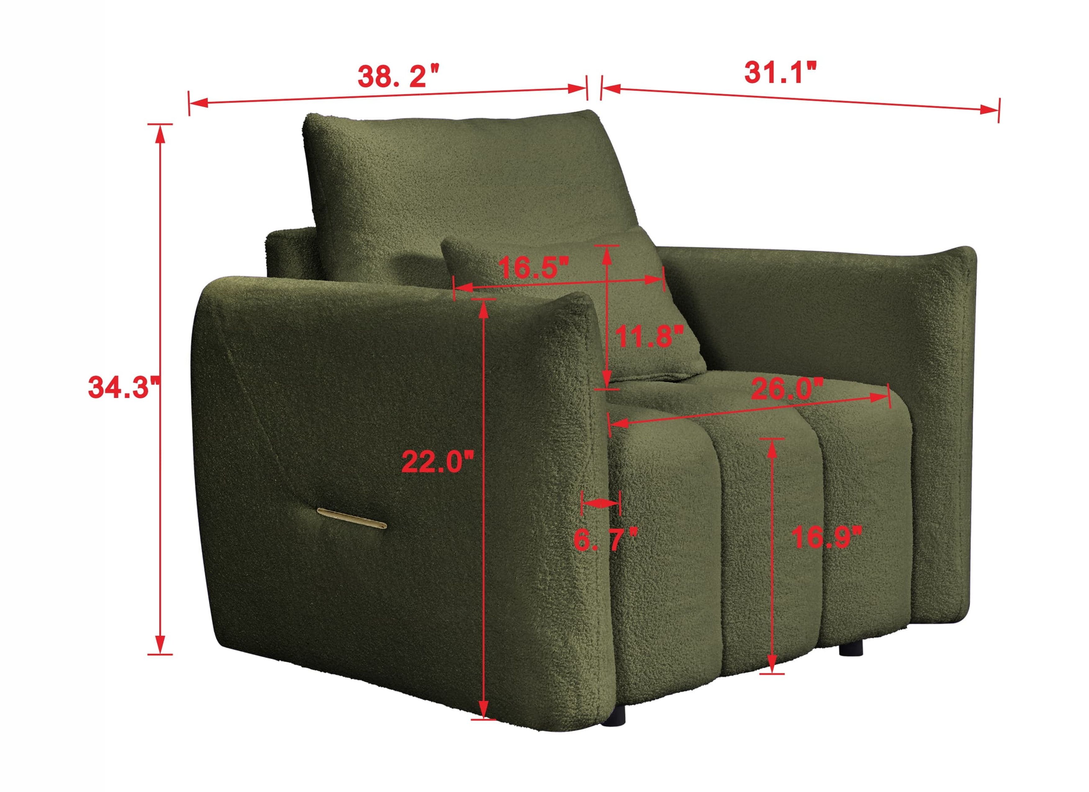 MAYEERTY 38.1" Teddy Fabric Single Sofa, Modern Lounge Chair with A Pillow for Apartment, Office, Living Room, Army Green