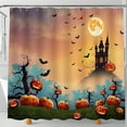 thumbnail image 1 of Spooky Haunted Castle Shower Curtain - Halloween Decor with Bats & Pumpkins, 1 of 4
