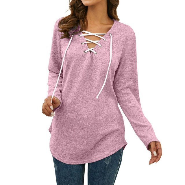 AMERTEER Women‘s Solid Color Long Sleeve Printed Top Pink M