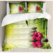 Ambesonne Forest Duvet Cover Sets, Wild Leaves and Calm Water, 2-Queen, Apple Green and Magenta