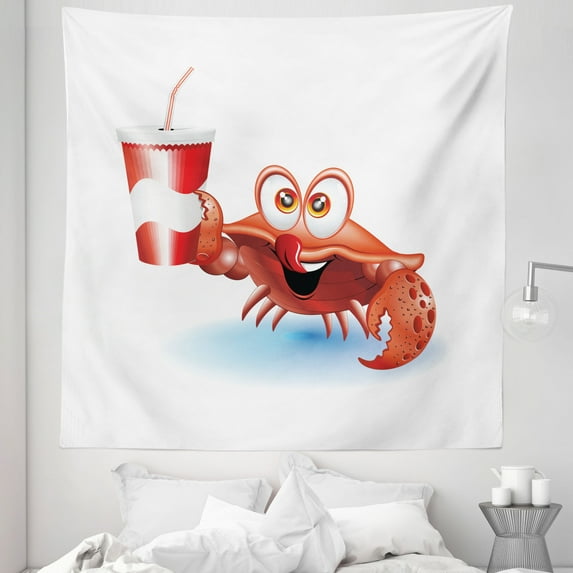 Crabs Tapestry, Thirsty Marine Animal with Drink on a Paper Cup with Straw Summertime Theme, Fabric Wall Hanging Decor for Bedroom Living Room Dorm, 5 Sizes, Vermilion White Blue, by Ambesonne