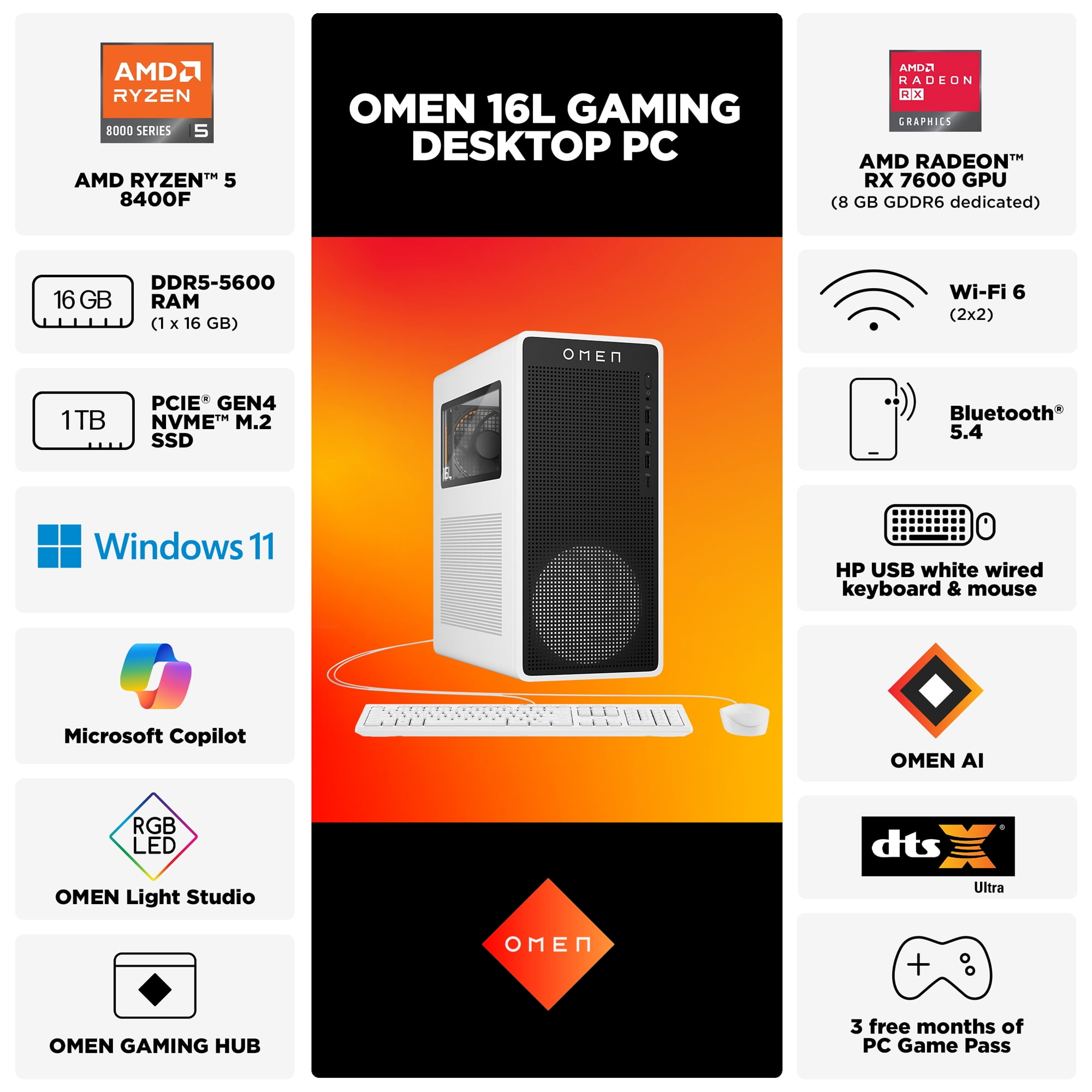 OMEN 16L Gaming Desktop PC AMD Ryzen 5 16GB RAM 1TB SSD RX 7600 Windows 11 Home