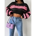 thumbnail image 5 of Striped Boat Neck Pullover, Elegant Lantern Sleeve Drop Shoulder Midriff-Baring Sweater, Women's Clothing, 5 of 6