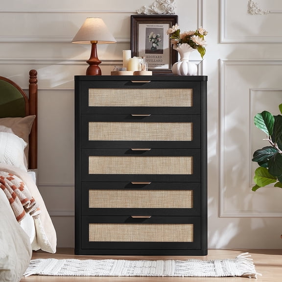 LELELINKY 2-Piece Rattan Dresser Set, 41" Tall 5-Drawer Boho Chest for Bedroom, Black Wooden Organizer for Living Room
