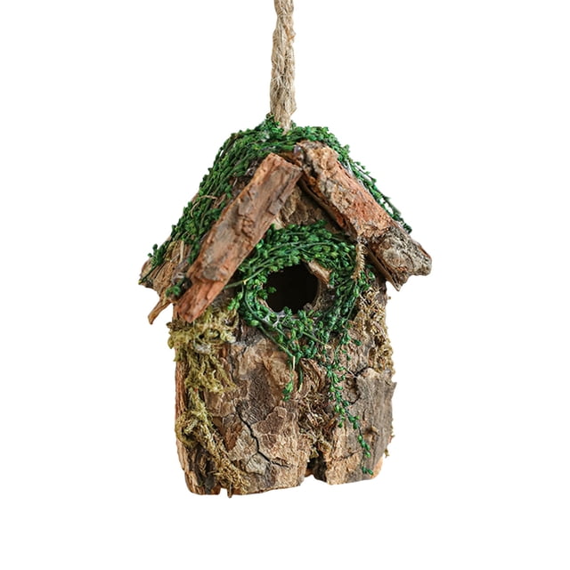 Wmhnj Adorno de casita nido de madera con musgo, corteza, flores y paja para decorar el rbol de Navidad. Elementos naturales. Decoracin navideña duradera.