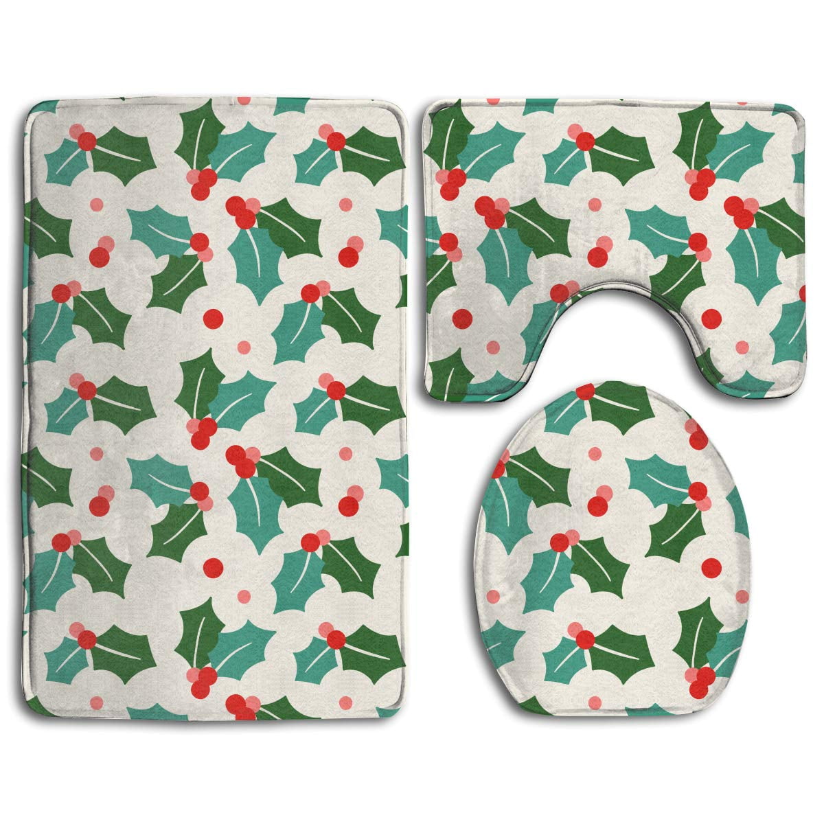 PUDMAD Merry Christmas Clover 3 Piece Bathroom Rugs Set Bath Rug Contour Mat and Toilet Lid