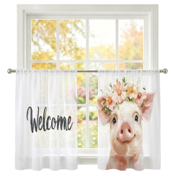 Cute Pig Sheer Curtains 45 inches Long, Welcome Light Filtering Sheer Window Curtains Rod Pocket Voile Drapes for Bedroom Living Room, 2 Panels