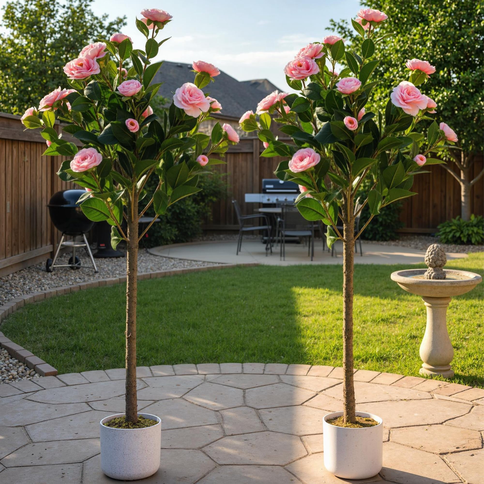 3.6FT Artificial Camellia Tree, Realistic Faux Plant in Pot with Flowers, Artificial Plants for Spring Home Decor Outdoor Porch Front Door Decor 2 Pack