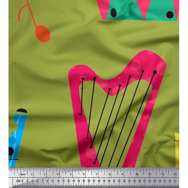 Soimoi Green polyester Crepe Fabric Guitar & Xylophone Musical Instrument Printed Fabric 1 Yard 42 Inch Wide