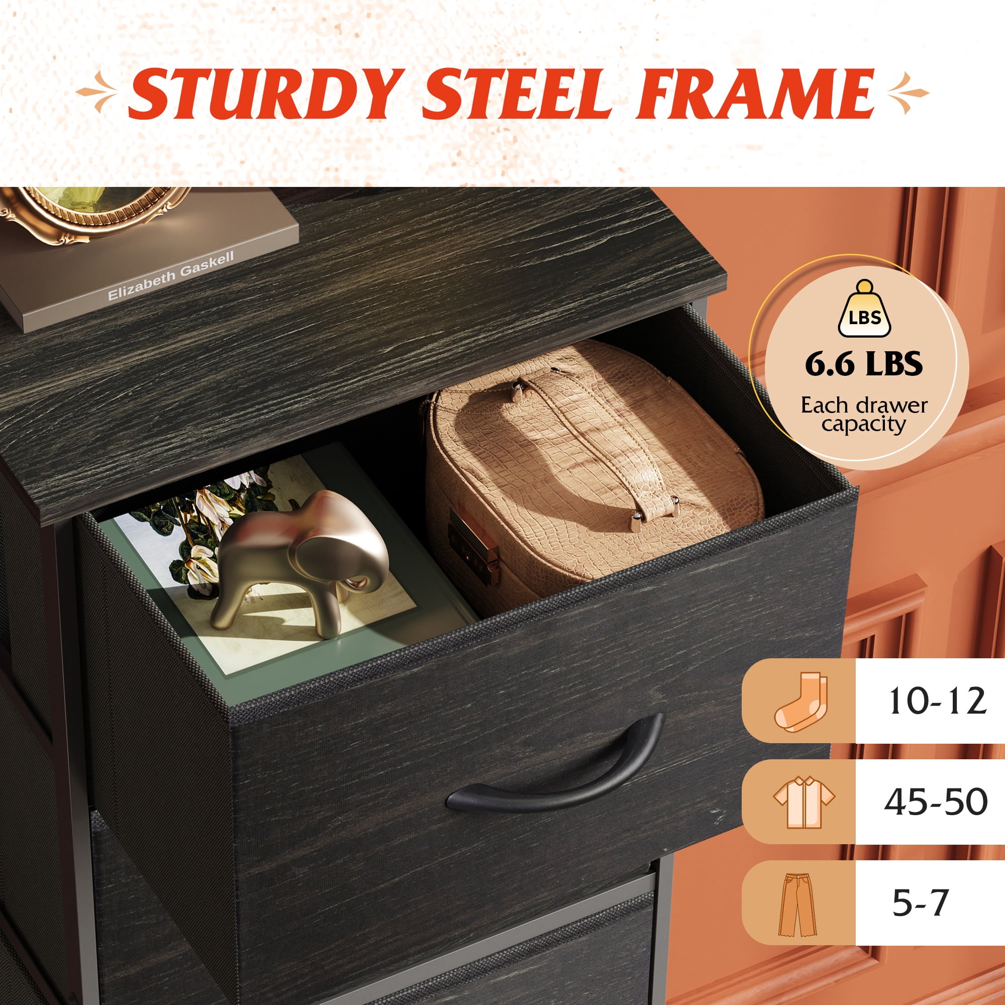 GALAXHERO 5-Drawer Tall Fabric Dresser with Wood Top, Storage Organizer Chest for Bedroom, Closet, Hallway, Sturdy Steel Frame, Charcoal Black Wood Grain Print