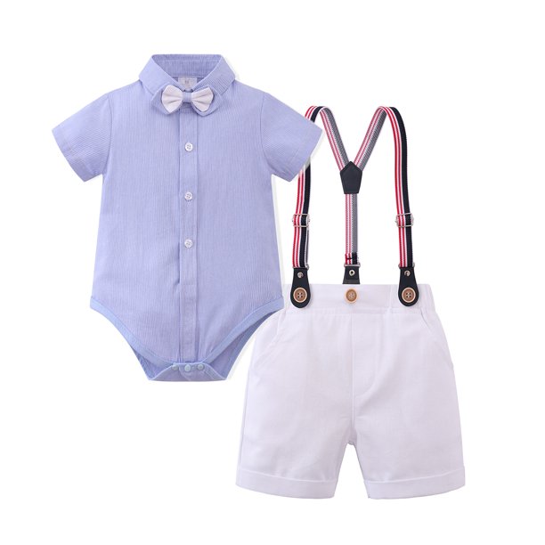 Baby Boys Formal Suit Gentleman Baptism Christening Outfits Short Sleeve Bowtie Romper