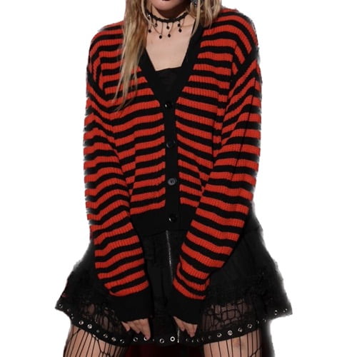 SWSMCLT Women's Long Sleeve Cardigan Sweater Oversized Button Coat Halloween Stripe Lightweight Winter V Neck Knit Orange X-Large