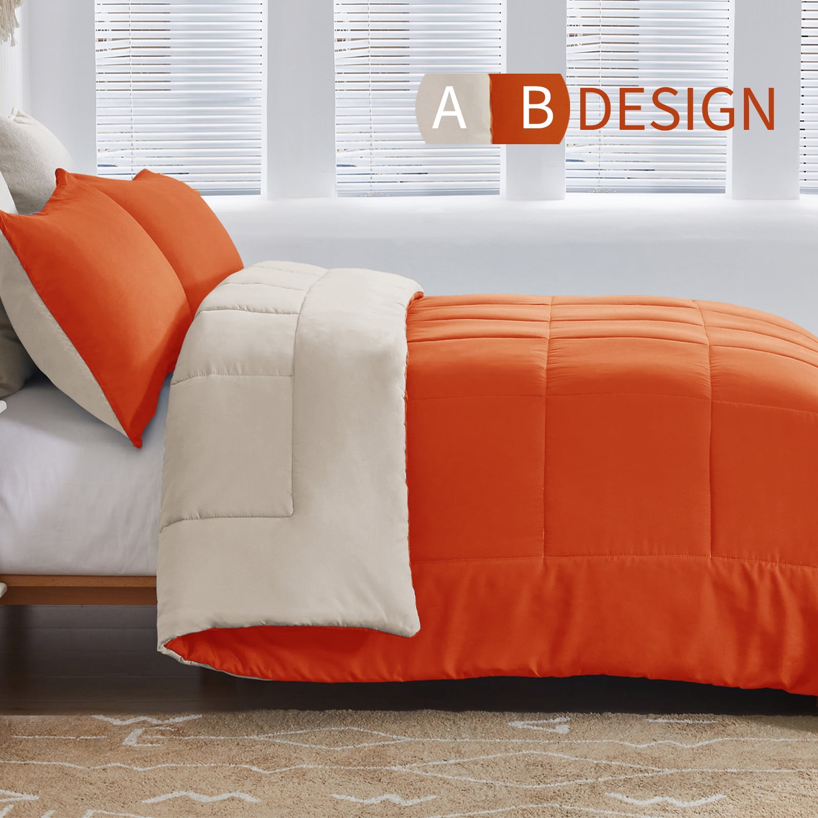 Exclusivo Mezcla Lightweight Reversible 3-Piece Comforter Set All Seasons, Down Alternative Comforter with 2 Pillow Shams, Queen Size, Burnt Orange/Brich Beige