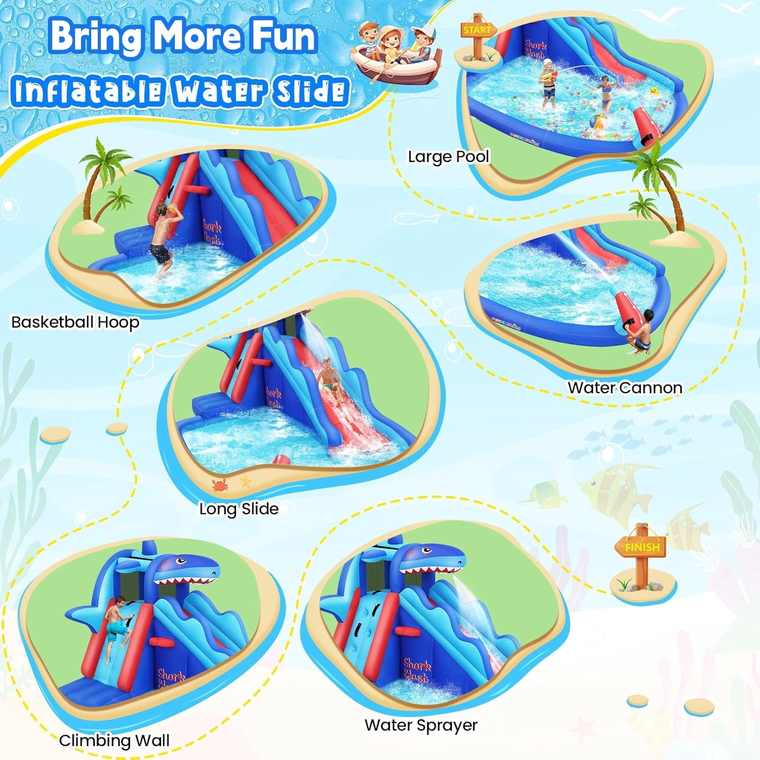 Veeboto Inflatable Water Slide with 480W Blower, Indoor and Outdoor Shark Design Bouncy House with Slide, Climbing Wall, Pool, Water Cannon, Water Park Suitable for Ages 3-8
