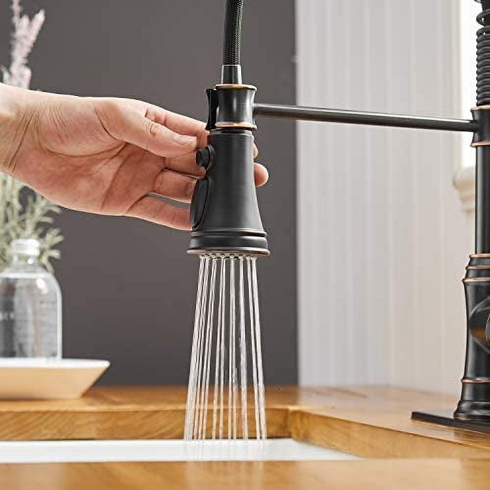 BWE Kitchen Sink Faucet with Deck Plate Oil Rubbed Bronze with Pull Down Sprayer 3 Spray Modes Single Handle Singe Lever High Arc Kitchen Faucet Lead-Free Farmhouse Commercial Bar Kitchen Faucets