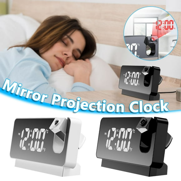 Reloj despertador con proyección en espejo LED | Gran pantalla ajustable 180° | Operación silenciosa y en modo silencio | Medición de temperatura | Proyección de ángulo amplio para techo/pared
