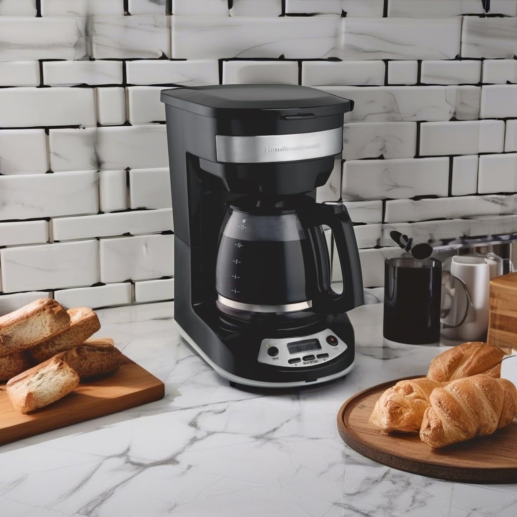 Restored Hamilton Beach 12 Cup Programmable Drip Coffee Maker, Brew Options, Glass Carafe (46299), Black with Stainless Accents (Refurbished)
