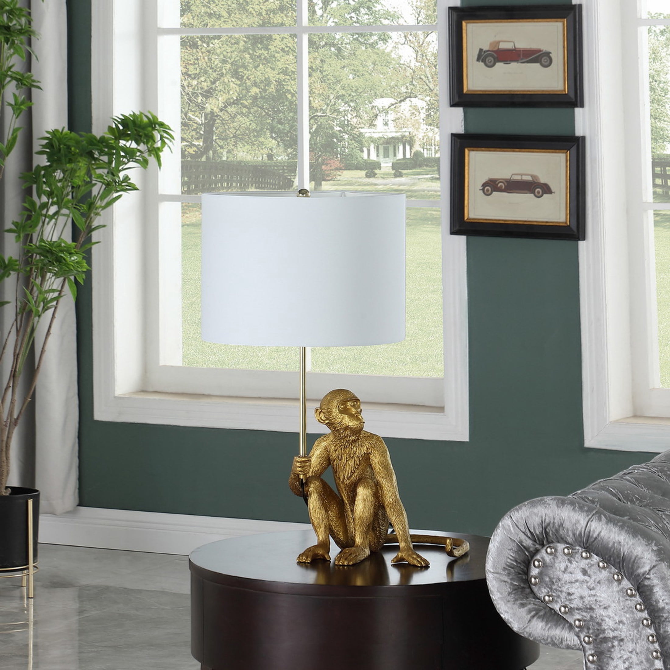 Noble House 25.5" Golden Monkey Table Lamp, Polyresin Figurine, Modern White Drum Shade, E26 Light Bulb, Gold