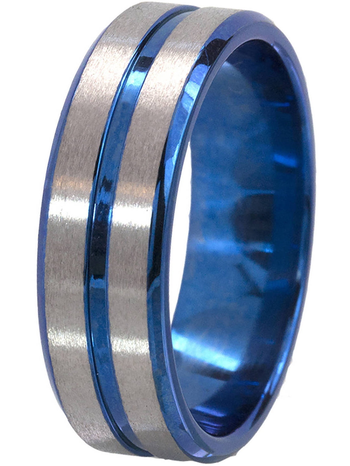 7mm Tapered Edge Titanium Ring with One Groove Anodized in Blue