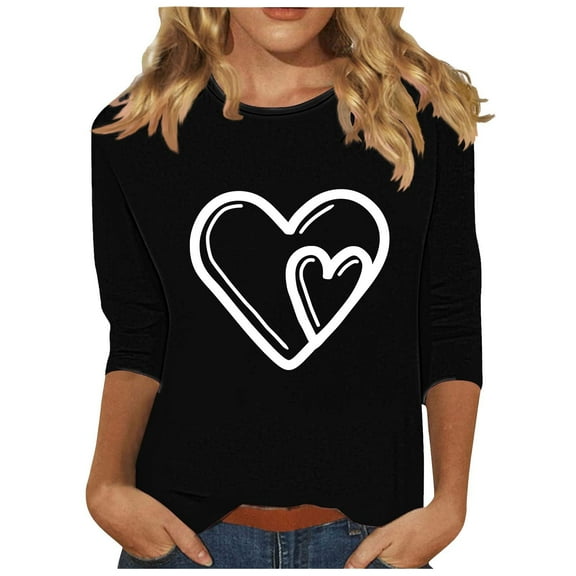 Valentine's Day Heart Graphic Shirts for Women Casual Crewneck 3/4 Sleeve Tops Cute Basic Tee Gifts