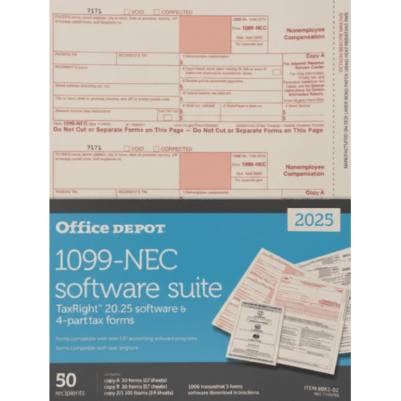 Office Depot 2025 1099-NEC Software Suite with 4-Part Tax Forms, TaxRight Software, 50 Recipient Pack