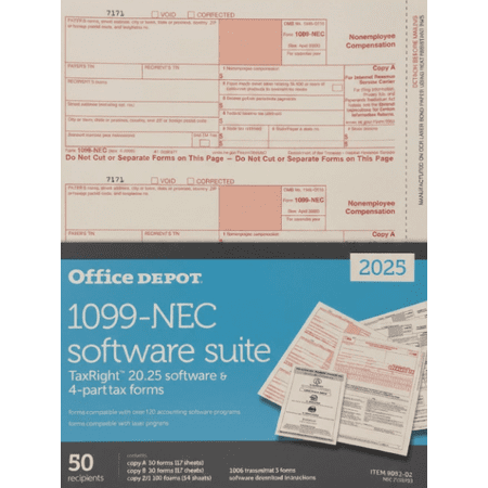 Office Depot 2025 1099-NEC Software Suite with 4-Part Tax Forms, TaxRight Software, 50 Recipient Pack