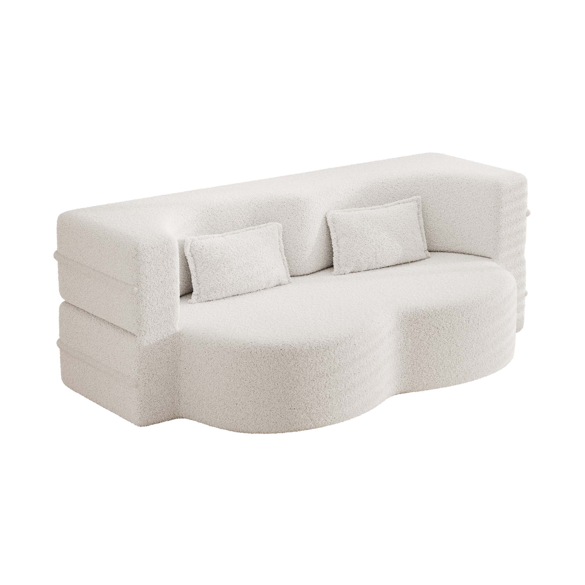 Miniyam Floor Sofa with 2 Pillows, Convertible Teddy Fabric Foam-Filled Sleeper Sofa Bed, Beige