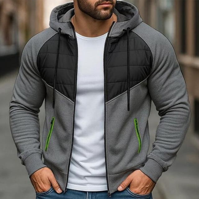 pstuiky camisas de manga larga para hombre, Chaqueta tipo cárdigan con capucha y cremallera de manga larga con empalmes de color liso para hombre salir tops l