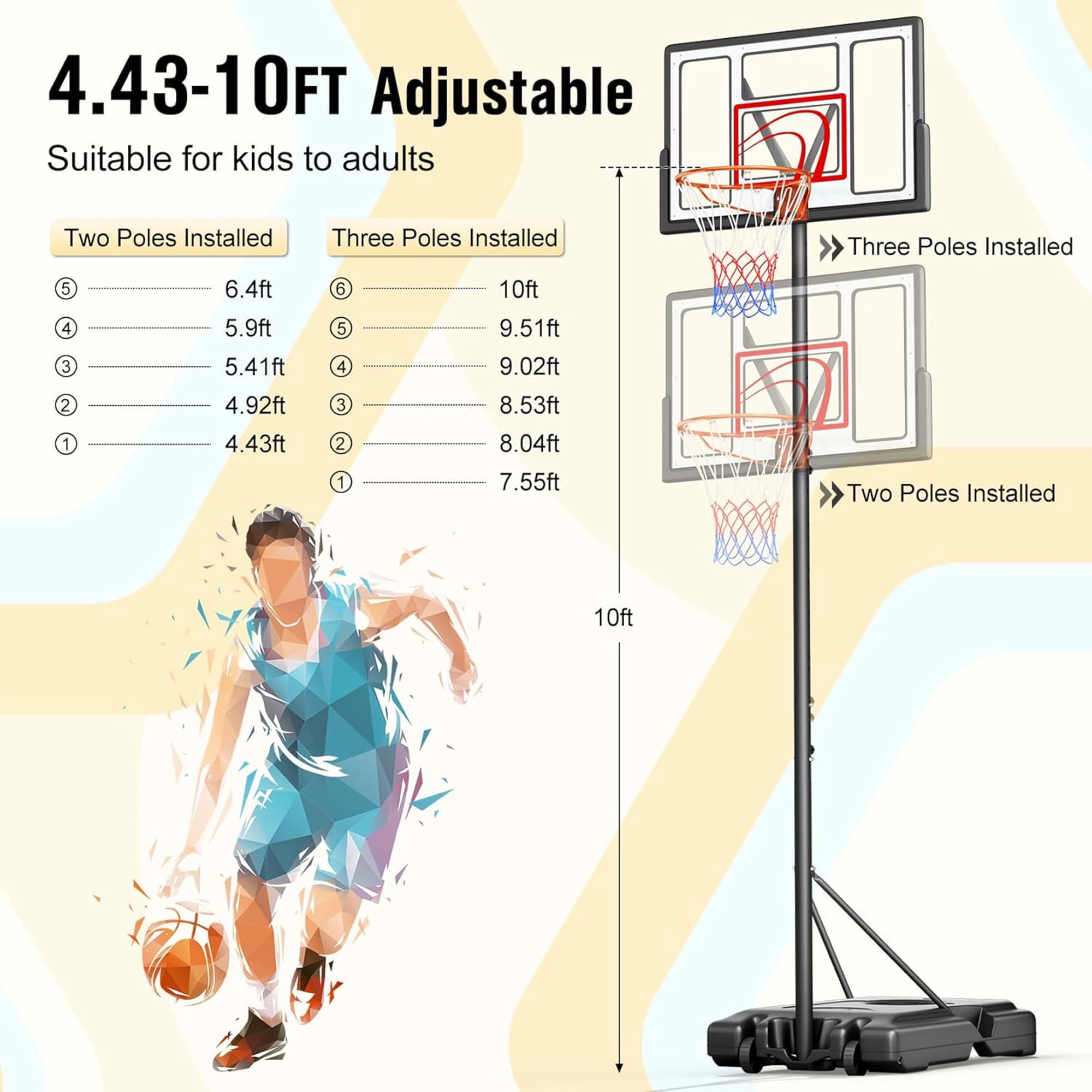 Toremore 44" Basketball Hoop Outdoor 4.43-10ft Adjustable, Portable Basketball Hoop Goal System with Shatterproof Backboard and Larger Base for Kids Youth and Adults