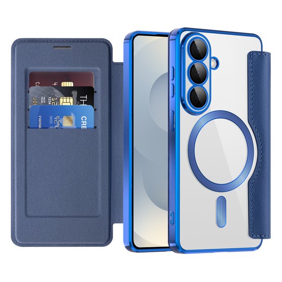 Dteck Wallet Case for Samsung Galaxy S26 ,Magnetic Leather Card Slots Case Compatible with Mag Safe Shockproof Clear Back Built-in Camera Lens Protector Cover for Galaxy S26 ,Royalblue