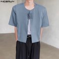 thumbnail image 2 of INCERUN Tops 2024 estilo coreano moda para hombre hebilla traje abrigos casual simple masculino sólido recortado cuello redondo manga corta Blazer S-5XL, 2 of 5