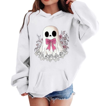 Gunia Teen Halloween Ghost Sweatshirts For Boy Girl Oversized Casual Loose Cute Graphic Long Sleeve Hoodie Sport Pullover Tops Fall Clothes White 11-12 Years