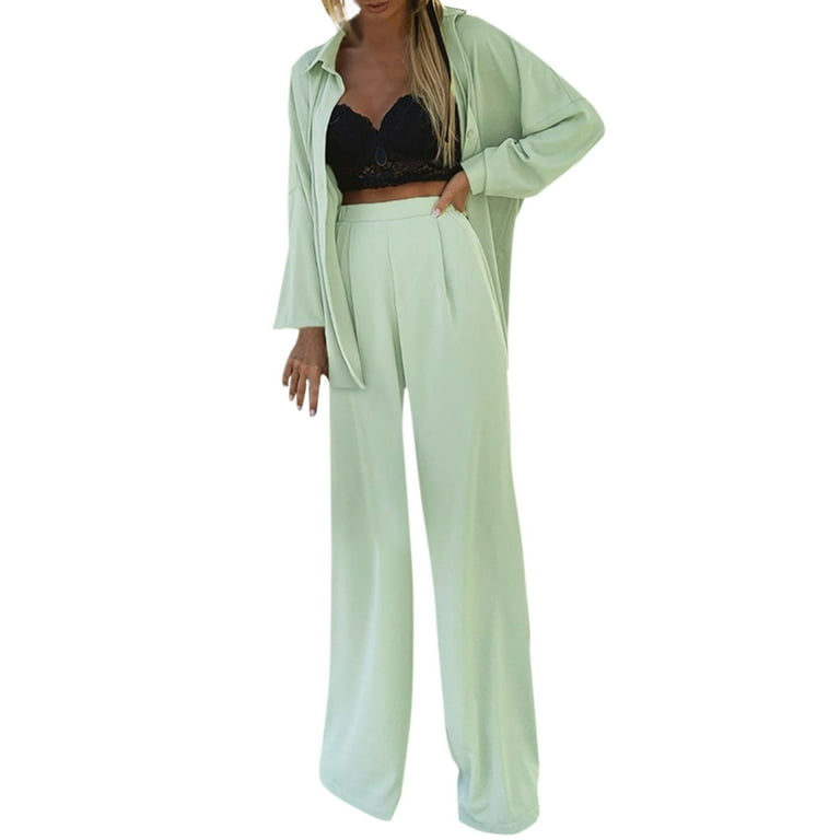 JDEFEG Romper for Bride 2 Pieces Pants Set Loose Button Long Sleeve Shirt  Wide Leg Palazzo Pants Outfits Sweatsuit Womens Formal Suit Polyester Mint