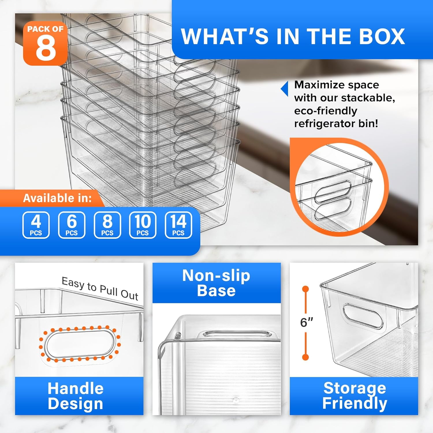 Lifemaster Stackable Refrigerator Bins - Set of 8 Large Capacity Organizers with Easy Grip Handles - Clear and Versatile for Kitchen Storage