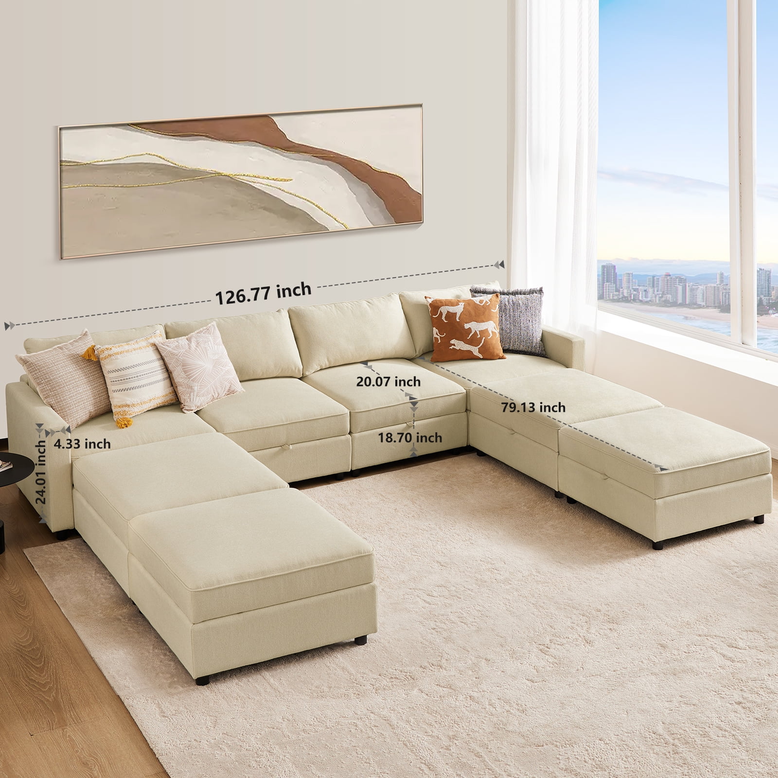 GIANNA Modern Sectional Sofa with 8 Seats 6 Backs, L-Shaped Sofa Set with Storage for Living Room, Beige