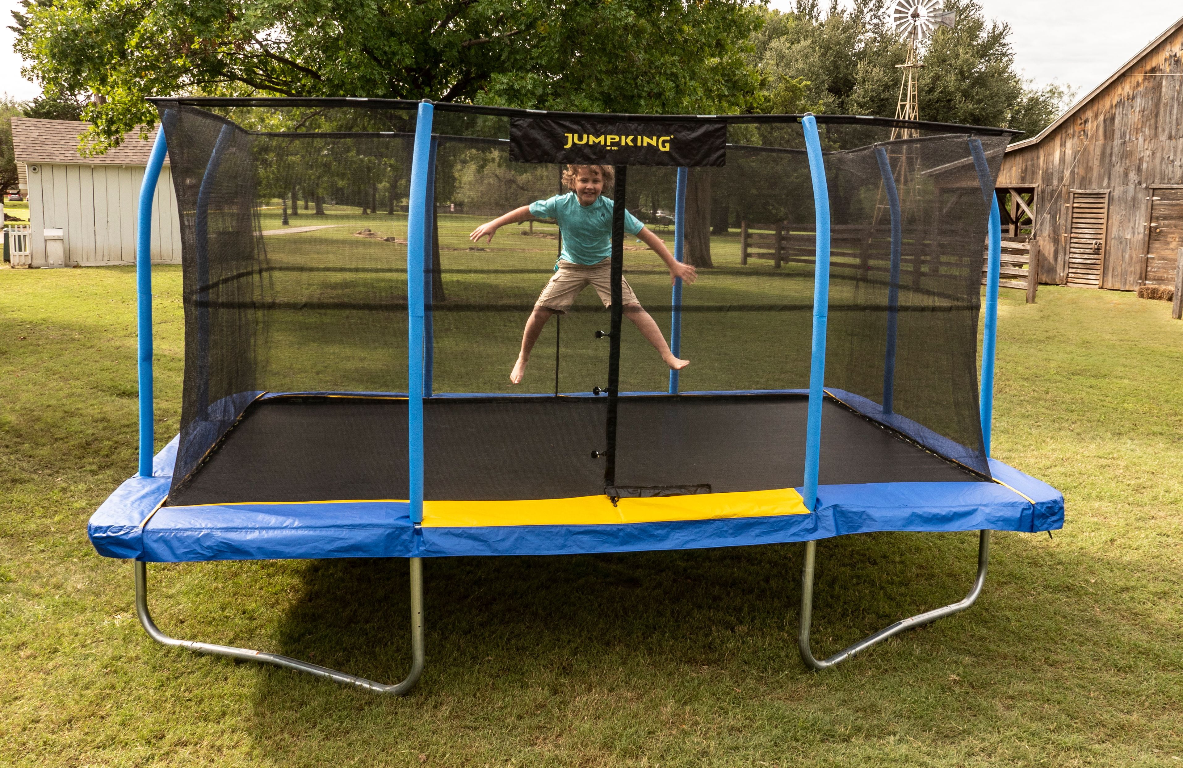 JumpKing Rectangular 10' x 15' Trampoline, with Enclosure, Blue/Yellow