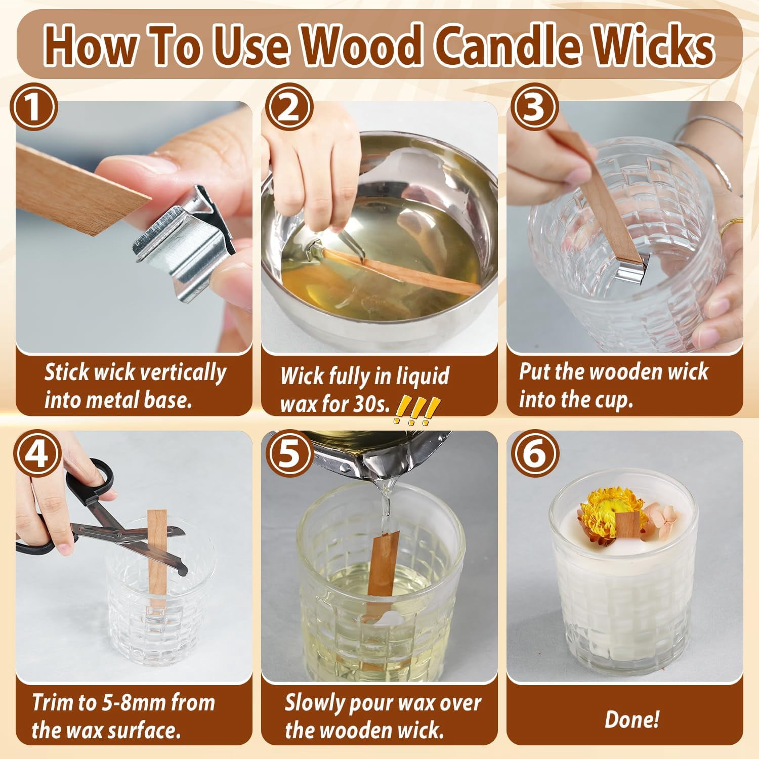 TAETOE 130 Pcs Candle Wicks for Candle Making Kit: 100 Cotton & 30 Wood Wicks with Complete Tool Set (Wick Stickers, Candle Tabs, Tweezers, Pen), for Soy Beeswax DIY Candles