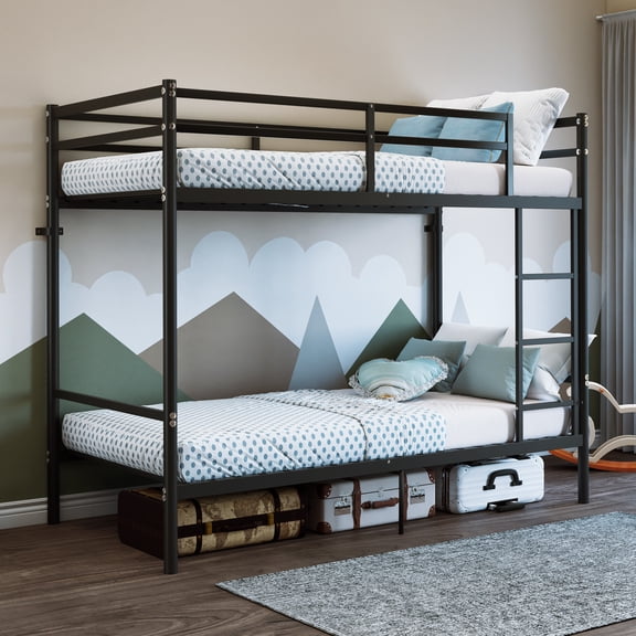 Newest Heavy-Duty Twin Over Twin Metal Bunk Bed, 14" High Guardrails & 485lb Capacity for Bedroom, Black