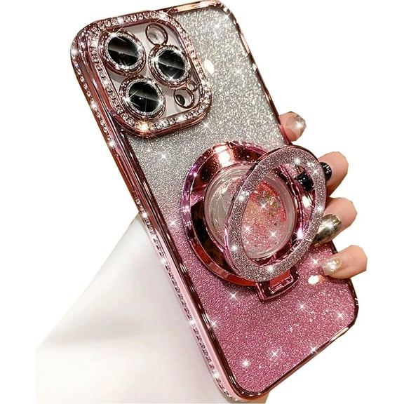 Glitter Kickstand Case for iPhone 13 Pro Max,Luxury Bling Sparkly Diamond Rhinestone with Camera Protector Liquid Flowing Ring Stand TPU Bumper Women Girls Case for iPhone 13 Pro Max (Pink)