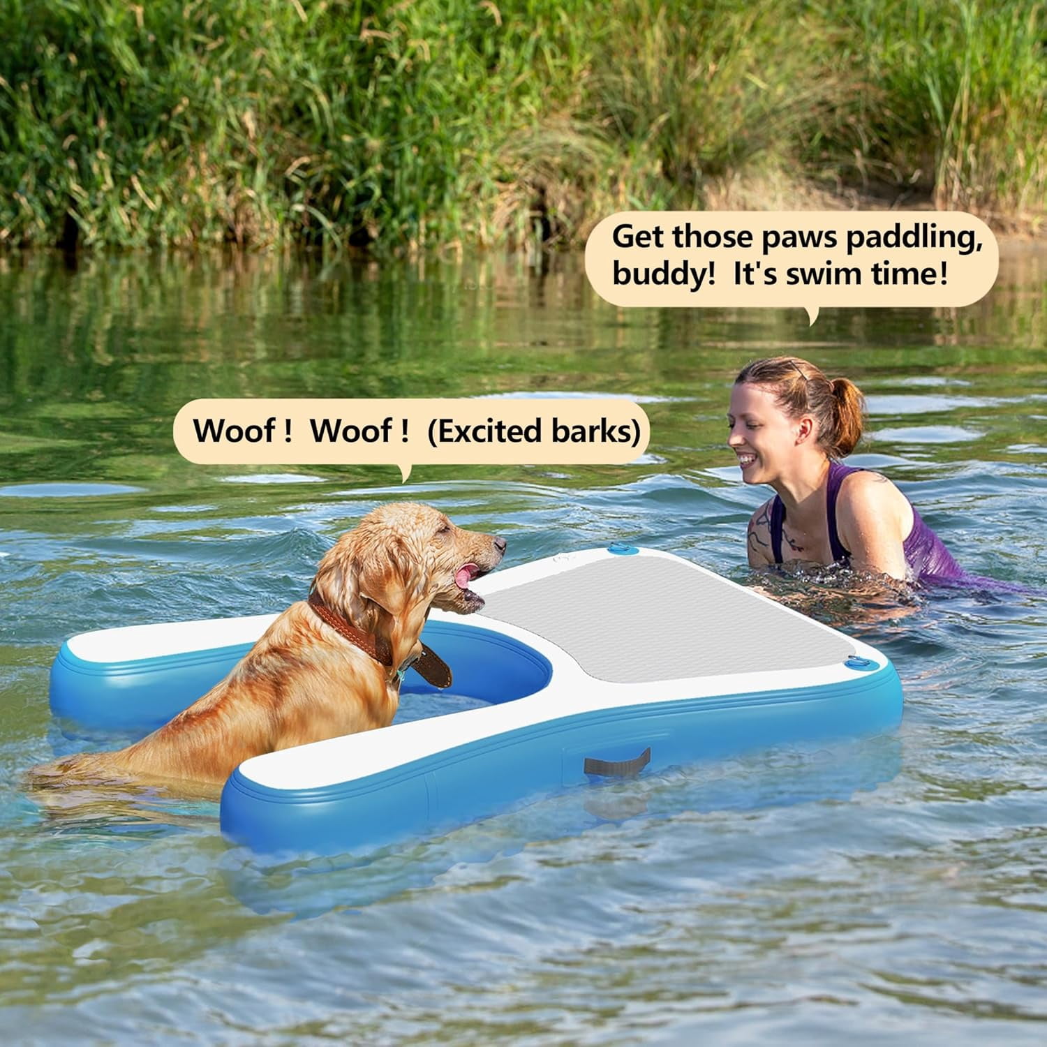 Blue Inflatable Dog Boat Ramp - Floating Dock Ladder for Pool/Lake, Non-Slip EVA Foam Platform Supports Up to 230 lbs - Portable & Easy Inflate/Deflate with 4 Steps & Handles