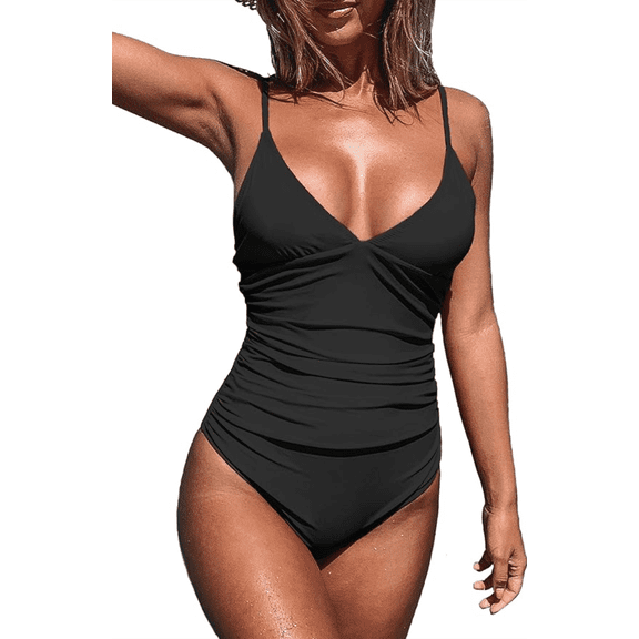 Women's One Piece Swimsuit Tummy Control Bathing Suit for women, V Neck Push Up Ruched Full Coverage Swimwear, Black
