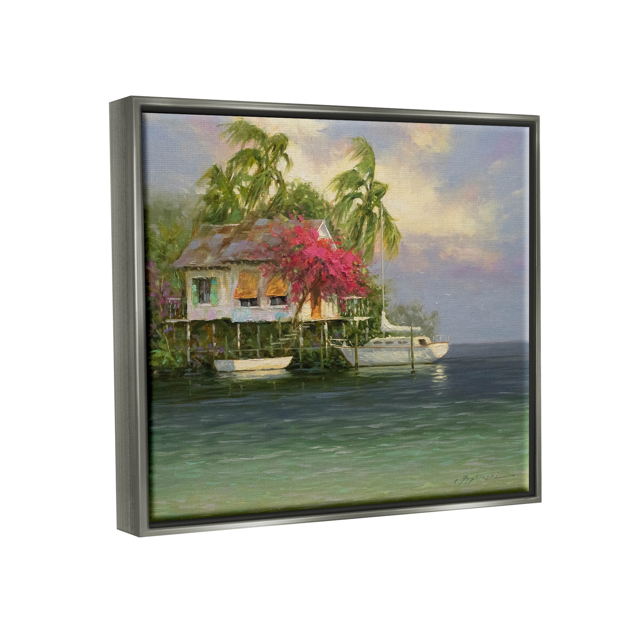 Summer Coastal Vacation Cottage Landscape Painting Luster Gray Framed Art Print Wall Art